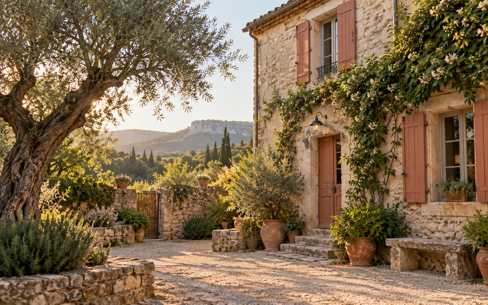 Illustration of a sunlit stone home and courtyard in southern France